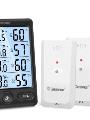 Geevon Indoor Outdoor Thermometer Wireless, 5-Inch Display with 3 Remote Sensors Wireless Thermohygrometer, Digital Temperature Humidity Meter with 200FT/60M Range(Black Backlight)